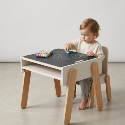 Dziecko przy biurku Fjell i krzesełku Üte linojd w jasnym, minimalistycznym wnętrzu